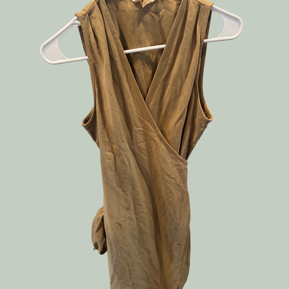 Zara Women Camel Tan Faux Suede Sleeveless Wrap‎ Dress Size 8 V-Neck Side Tie